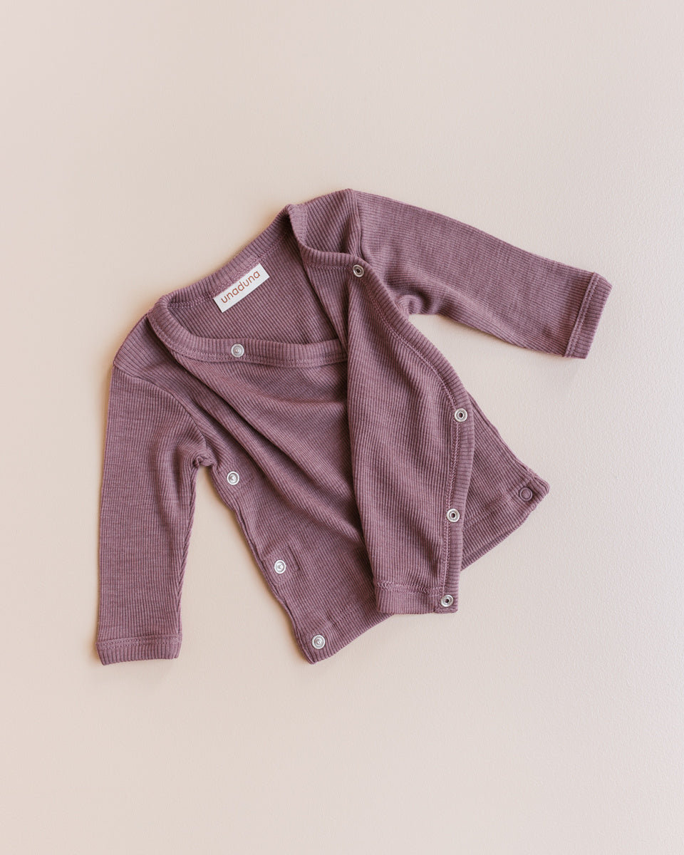 unaduna baby wrap around shirt wool silk tiny rib mauvewood